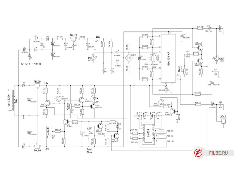 Схема на операционном усислителе INA103 c фантомным питанием