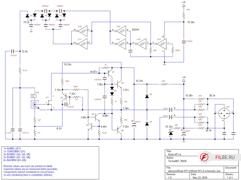 Схема электрическая принципиальная конденсаторного микрофона Rode NT1-A