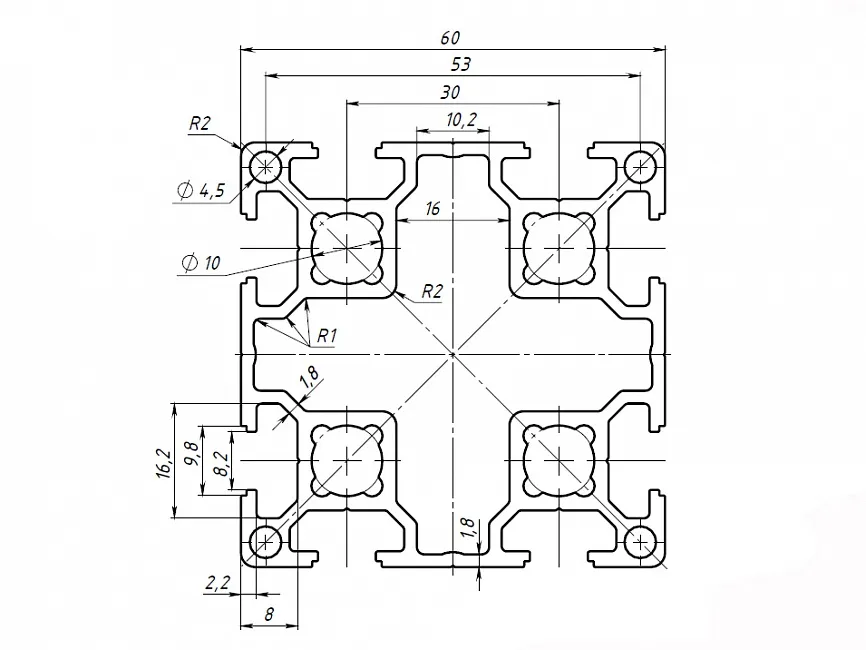 Конструкционный алюминиевый профиль 60х60, 30 серия. Чертеж