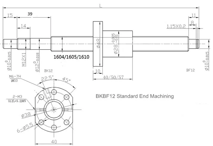 Чертеж стандартной разделки винта SFU16