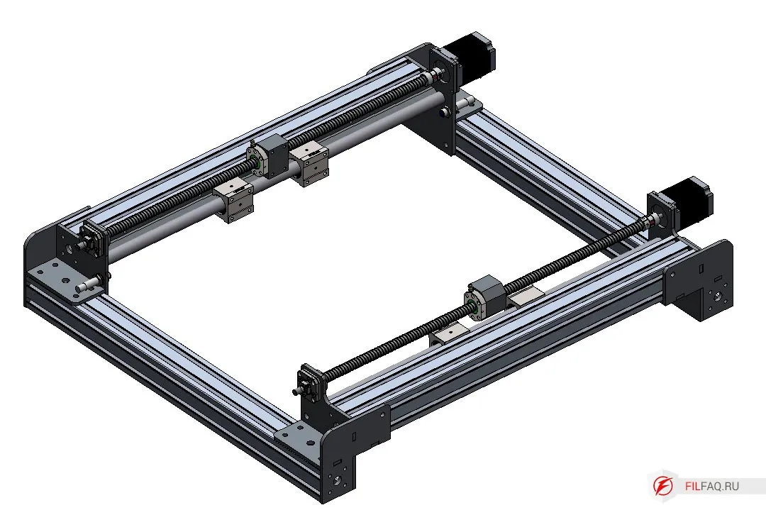 Рама станка чпу с установленными винтами, гайками, моторами